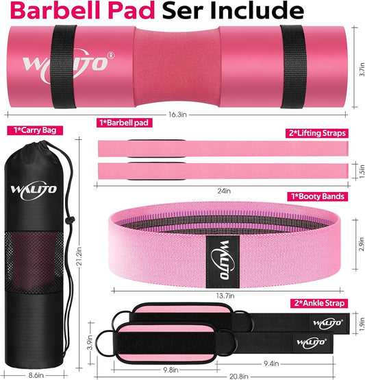 WALITO 8Pcs Barbell Pad Set for Hip Thrust - Squat Pad,Gym Accessories for Women with Bar Bad,Bench Press, with Gym Ankle Straps,Resistance Bands for Working Out,Lifting Strap,Carry Bag