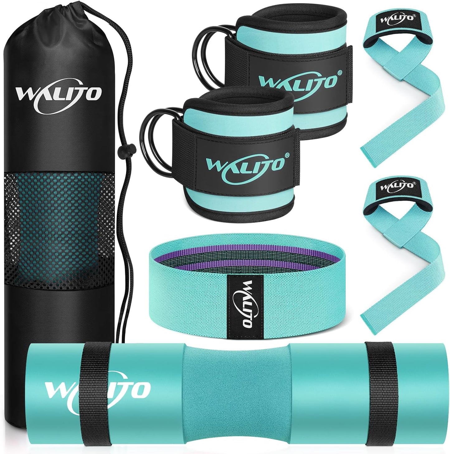 WALITO 8Pcs Barbell Pad Set for Hip Thrust - Squat Pad,Gym Accessories for Women with Bar Bad,Bench Press, with Gym Ankle Straps,Resistance Bands for Working Out,Lifting Strap,Carry Bag