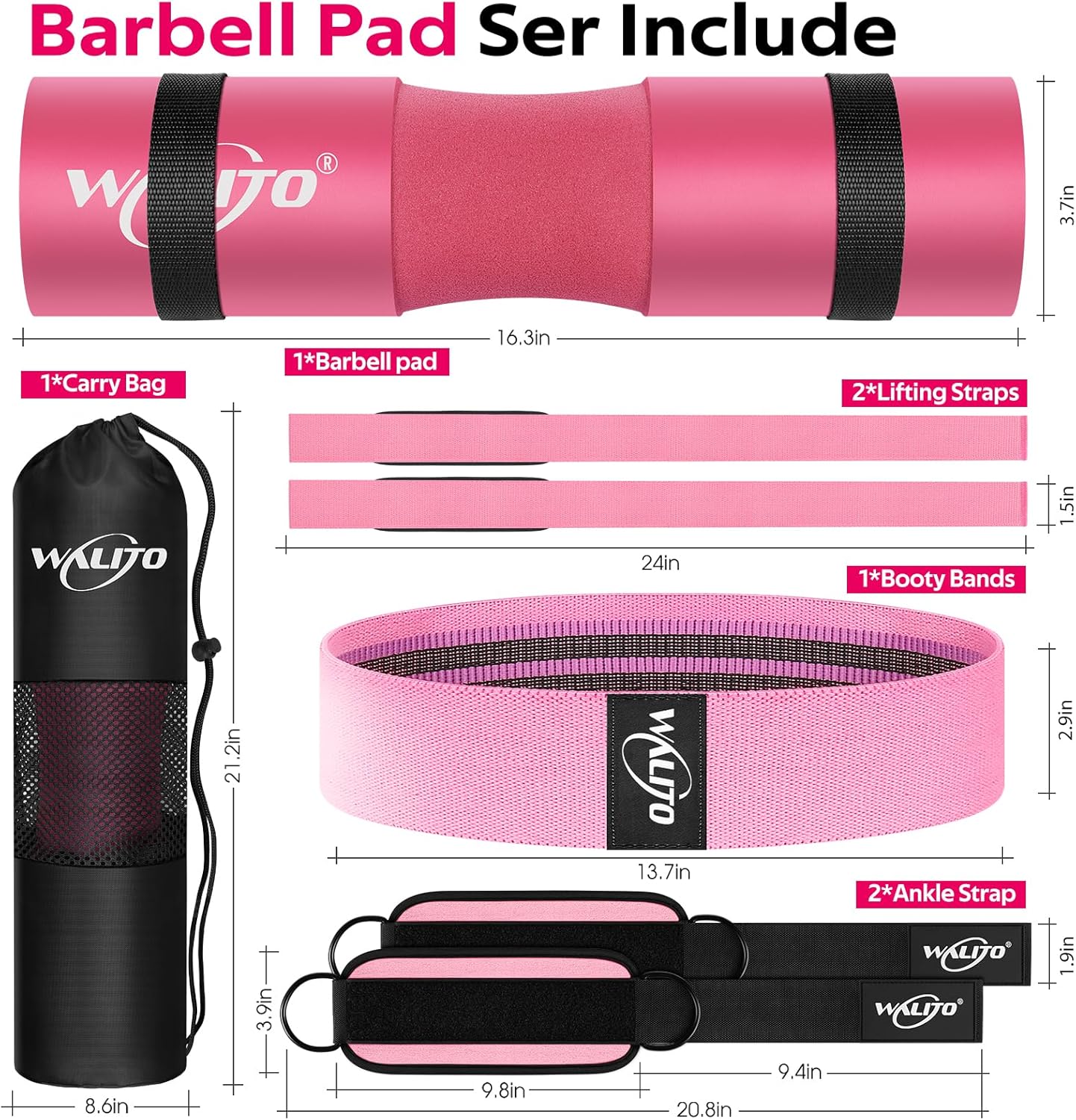 WALITO 8Pcs Barbell Pad Set for Hip Thrust - Squat Pad,Gym Accessories for Women with Bar Bad,Bench Press, with Gym Ankle Straps,Resistance Bands for Working Out,Lifting Strap,Carry Bag